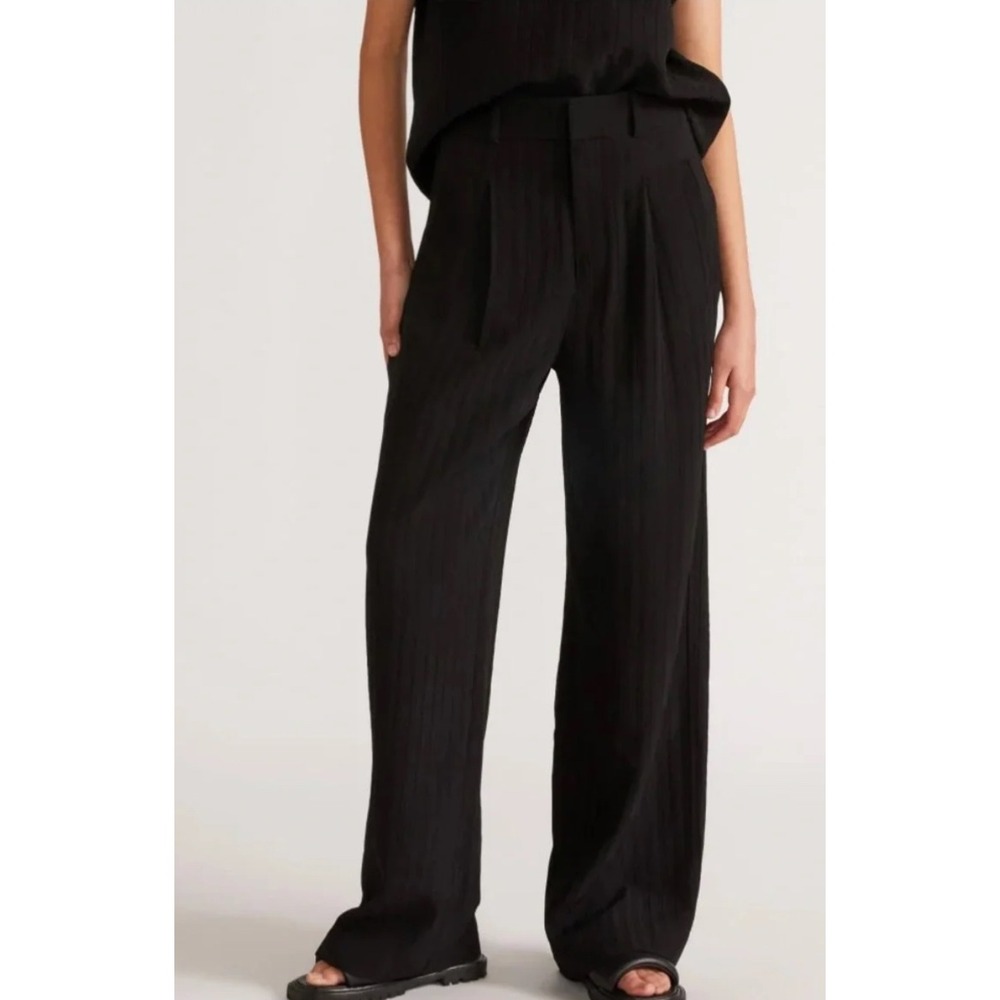 Everlane City Stripe Wide Leg Pants — Black High Rise Pleated Trousers | 10